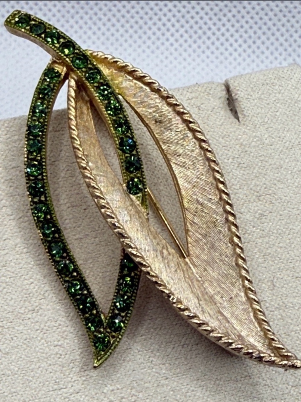 Gorgeous art deco vintage Gold Leaf Brooch with rhinestones runway piece pin